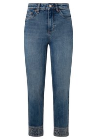 Blå denimjeans med hög midja, framknapp och dragkedja, fem fickor och broderade blommor på mudden.