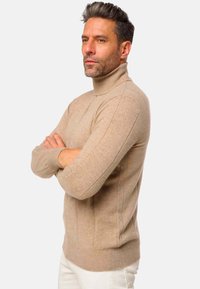 Pull en chiné à col roulé avec un col côtelé, design ajusté et tissu texturé. Présente des coutures verticales et des manches longues.