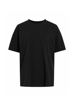 T-shirt noir à manches courtes avec col rond et coupe ample, présenté sur fond blanc.