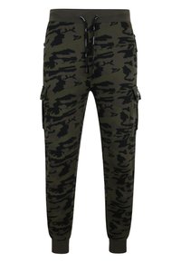 Cargo-joggers i camouflage-mønster med grønne og sorte nuancer, der har justerbar snor i taljen, elastiske manchetter og sidelommer.