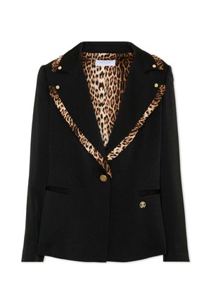 Zwarte blazer met luipaardprintvoering en bies op de kraag en revers, met gouden knopen en een decoratief embleem op het voorzakje.