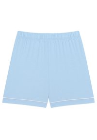 Šortky v nebesky modré barvě vyrobené z lehkého materiálu. Mají elastický pas a bílý lem na okraji. Jednoduchý, rovný střih.