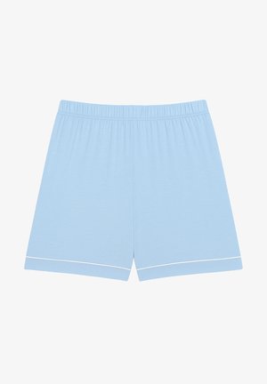 Himmelblaue Shorts aus leichtem Stoff. Mit einem elastischen Bund und weißen Akzenten am Saum. Schlichter, gerader Schnitt.