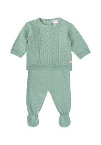 Conjunto de punto para bebé en suave verde menta, con un patrón de diamante texturizado en el suéter y pantalones con pies y puños elásticos.