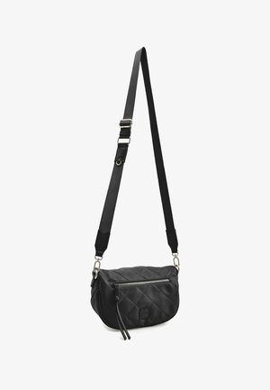 Borsa a tracolla nera trapuntata in materiale sintetico, con cerniera argento, finitura testurizzata, tracolla regolabile e forma arrotondata.