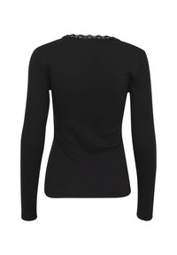 Black long-sleeve top made of ribbed fabric, featuring a lace accent at the neckline. Fitted shape, smooth texture, and plain design.
