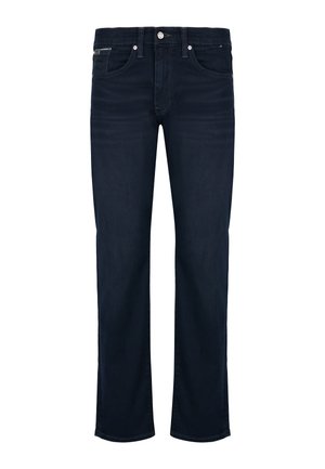 Dark blue denim jeans with a straight leg design, featuring a front zipper and button closure, five pockets, and contrast stitching.