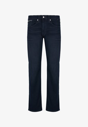 Dark blue denim jeans with a straight leg design, featuring a front zipper and button closure, five pockets, and contrast stitching.