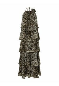 Robe maxi en imprimé léopard avec des couches superposées, des liens à nouer au cou, des bretelles fines et un tissu doux et léger dans des tons de marron et de beige.