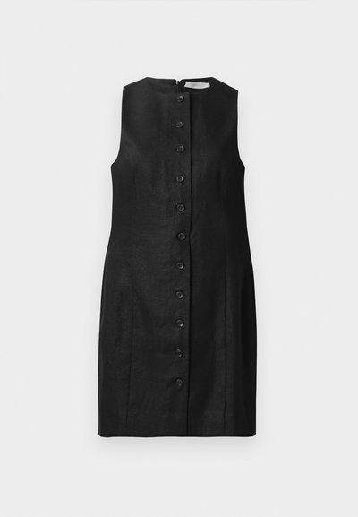 Μαύρο χωρίς μανίκια φόρεμα από λινάρι, με ίσια γραμμή, στρογγυλή λαιμόκοψη και έξι κουμπιά στο μπροστινό μέρος, με λεία υφή.