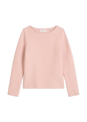 Lys rosa langermet topp med rund hals og et lett teksturert stoff. Ledig passform, ingen synlige mønstre eller detaljer.