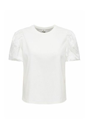 Biała bluzka z krótkim rękawem, okrągłym dekoltem i bufkami na rękawach, z koronkowym haftem na górnej części ramion.