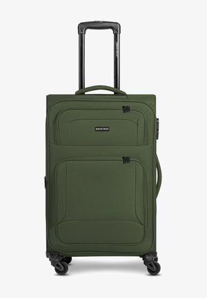 Maleta blanda verde con asa telescópica, bolsillos frontales con cremallera, asa lateral y cuatro ruedas giratorias, de la marca "SMARTBOX".