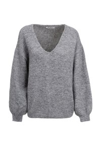 Maglione grigio con scollatura a V profonda, realizzato in un tessuto morbido e testurizzato. Presenta maniche ampie e una vestibilità rilassata, con dettagli a coste sul bordo.