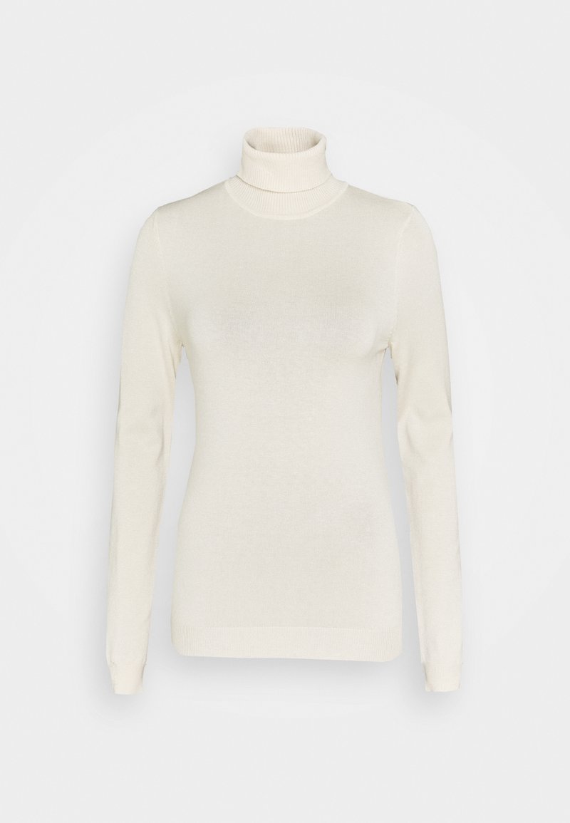 Maglione a collo alto crema con maniche lunghe, texture a costine e design aderente. Il materiale sembra morbido e leggero.
