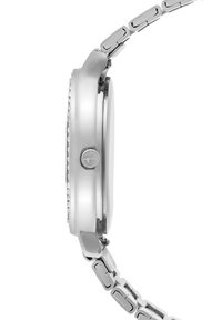 Silberner Edelstahlarmbanduhr mit rundem Gehäuse, glatter Oberfläche und verlinktem Armband. Beinhaltet eine dekorative Lünette um das Glas.