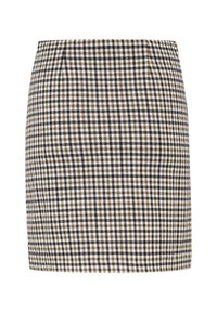 Rutet mini-ska med et sort, hvidt og brunt houndstooth mønster. Lavet af et vævet stof med en glat tekstur.