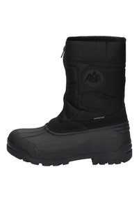 Zwarte waterdichte winterlaars met een bovenwerk van gequilt stof, rubberen neuskap, gestructureerde zool en ritsluiting. Duurzaam ontwerp voor koude omstandigheden.