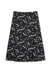 Ausgestellter Rock aus marineblauem Stoff mit cremefarbenem Blumenmuster. Verfügt über einen Taillenbund und reicht bis knapp über das Knie mit dezenten Falten.