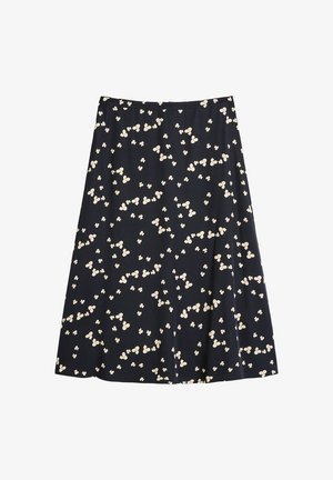 Flared skirt in navy fabric with a floral pattern in cream. Features a waistband and falls to knee length with subtle pleats.