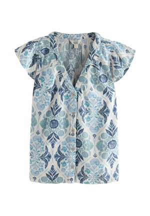 Short-sleeve button-up blouse with blue and teal floral patterns on white background, featuring a V-neck and lightweight fabric.