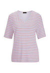 T-shirt rayé blanc, avec des rayures horizontales rouges et bleues. Design à col en V avec des manches courtes, fabriqué en tissu doux et léger.