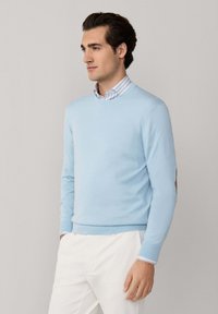 Mand iført en lyseblå sweater over en blå- og hvidstribet skjorte med krave og hvide bukser, stående mod en ensfarvet baggrund.