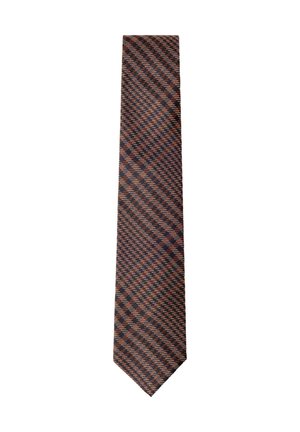 Cravate à carreaux marron et noir avec motif diagonal de petits carrés, étroite en haut et large en bas, sur fond blanc.