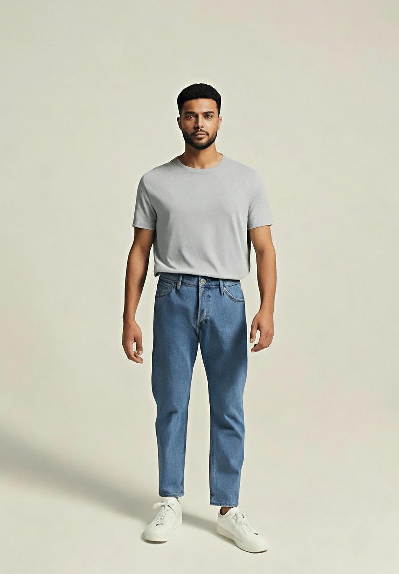 Młody mężczyzna z krótkimi włosami i brodą stoi przodem, ubrany w jasnoszary t-shirt, niebieskie dżinsy i białe trampki na jednolitym tle.