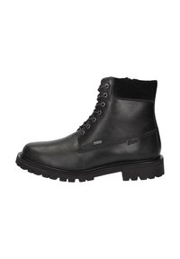 Stivali alla caviglia in pelle nera con colletto in camoscio testurizzato, punta rotonda e suola in gomma robusta. Presentano occhielli in metallo e design con lacci.