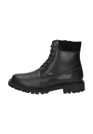 Bottes noires en cuir jusqu'à la cheville avec un col en suède texturé, bout rond et semelle en caoutchouc robuste. Présente des œillets en métal et un design à lacets.