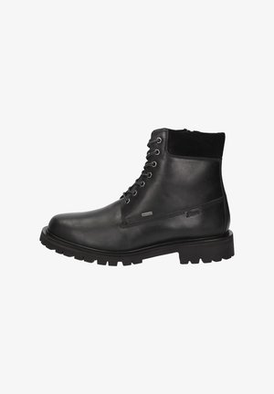 Bottes noires en cuir jusqu'à la cheville avec un col en suède texturé, bout rond et semelle en caoutchouc robuste. Présente des œillets en métal et un design à lacets.