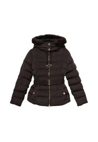 Kurtka puchowa w kolorze czarnym z kapturem wykończonym sztucznym futrem, taliowana, z zamkiem błyskawicznym z przodu i dwoma kieszeniami na zamek. Tkanina o fakturze.