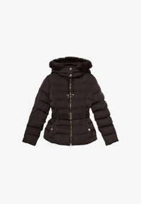 Chaqueta acolchada negra con capucha con borde de piel sintética, cintura ceñida, cierre frontal con cremallera y dos bolsillos con cremallera. Tejido texturizado.