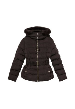 Dynejakke i sort med hætte trimmet med kunstpels, indsnævret talje, lynlås foran og to lynlåslommer. Tekstureret stof.