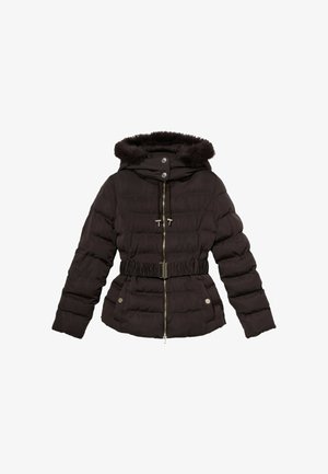 Schwarze Steppjacke mit Kapuze, die mit Kunstfell besetzt ist, tailliertem Schnitt, durchgehendem Reißverschluss und zwei Reißverschlusstaschen. Strukturierter Stoff.