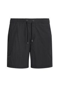 Pantaloni da nuoto neri realizzati in tessuto leggero, dotati di un elastico in vita con lacci, tasche laterali e un design semplice.