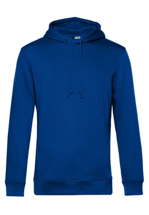 Blauwe hoodie van zacht materiaal met een voorzak in kangoeroestijl, verstelbare trekkoordcapuchon en ribgebreide manchetten en onderrand.