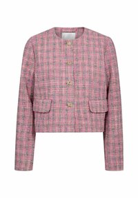 Rožinės spalvos tweedo trumpas švarkelis, turintis apvalią iškirptę, tris auksinius mygtukus ir dvi priekines kišenes. Audinio tekstūra austinė su langelių raštu.