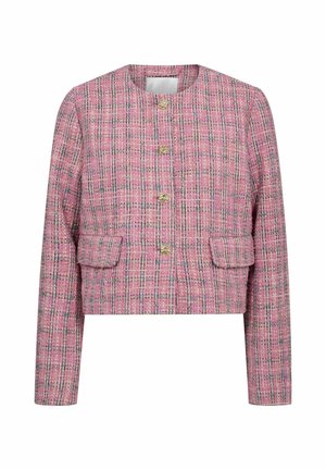 Pink tweed cropped jacket featuring a round neckline, three gold buttons, and two front pockets. Texture is woven with a check pattern.