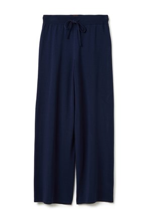 Marineblaue weit geschnittene Hose aus weichem Stoff, mit einem elastischen Bund und Kordelzug sowie einer glatten Textur.