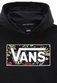 Sudadera negra con un gran logo blanco de "VANS" con acentos florales en rojo, amarillo y verde. Tejido suave con un diseño clásico.