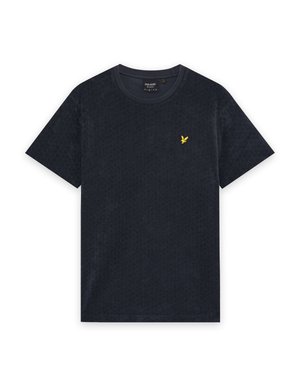 Maglietta nera a maniche corte con motivo sottile e piccolo logo di uccellino giallo brillante sul petto a sinistra.