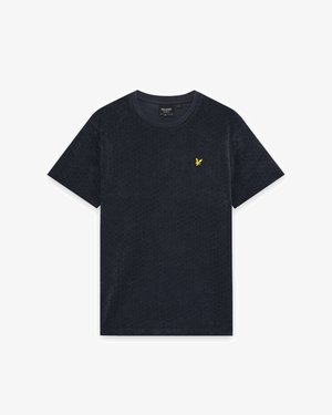 Maglietta nera a maniche corte con motivo sottile e piccolo logo di uccellino giallo brillante sul petto a sinistra.