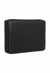 Black leather wallet with a smooth finish, contrasting stitching, rectangular shape, and zip closure on one side. Textured detail on edges.