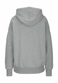 Grå hoodie med huva, tillverkad av mjukt tyg. Har en avslappnad passform, ribbade muddar och midja. Slät textur, minimalistisk design.