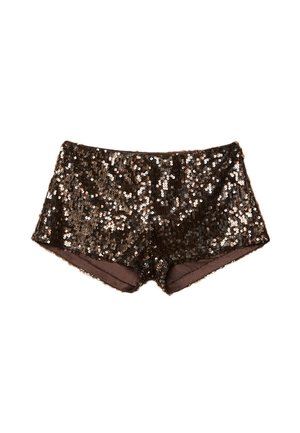 Pantaloni corti marroni con paillettes, caratterizzati da un design aderente con una fodera interna liscia e dettagli in paillettes luccicanti che coprono l'esterno.