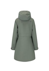 Ljusgrön, vattentät jacka med huva, med långa ärmar och midjeband. Slät textur med minimal hårdvara och rena linjer.