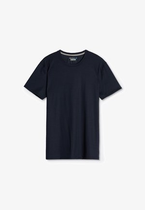 T-shirt semplice blu navy scuro a maniche corte con scollo rotondo in lana merino, mostrata distesa su sfondo bianco.