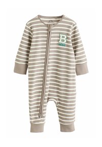 Striped baby onesie in beige and cream, featuring a front zipper, ribbed texture, and a turquoise "B" with "BEBE" embroidered on the chest.